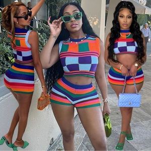 Rainbow Stripped Trending Two Piece Shorts Set